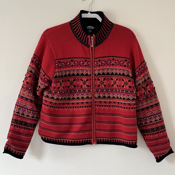 Icelandic Design Sweater Sz L 100% Wool Zip Up Quilted Red Floral Knit Jacket - Picture 1 of 6